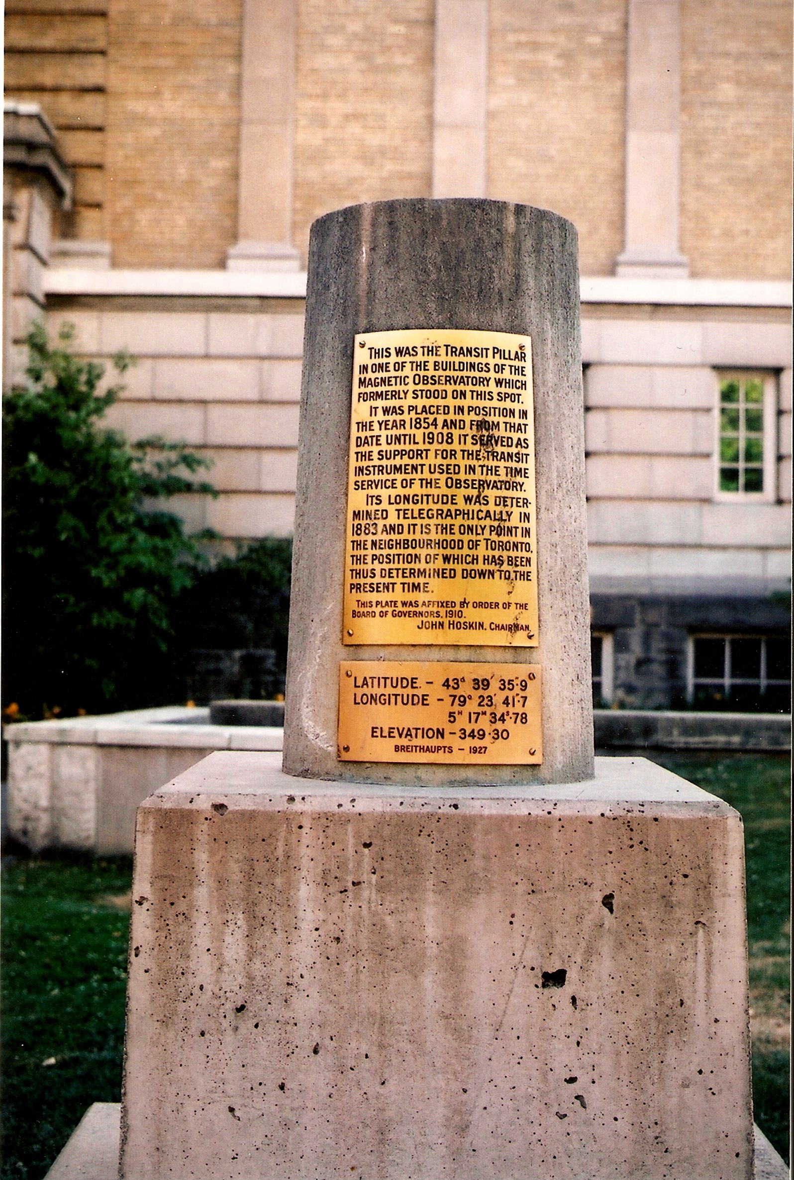 Original Transit Pillar Marking the 1882 Site of the Toronto Magnetic and Meteorological Observatory Original Transit Pillar Marking the 1882 Site of the Toronto Magnetic and Meteorological Observatory